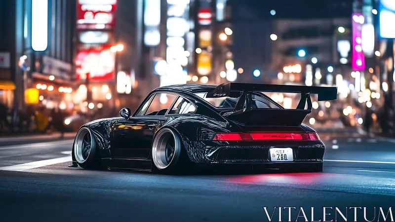 Modified black sports car parked on neon city street at night