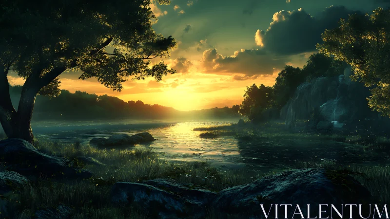 Sunset riverdream where quiet water cradles glowing sky.