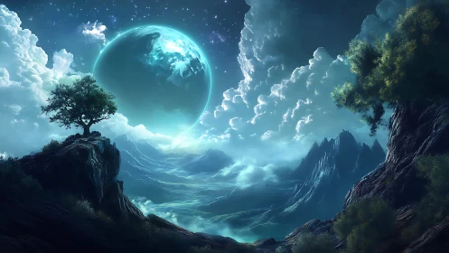 Luminous exoplanet horizon over misted alpine valley at night