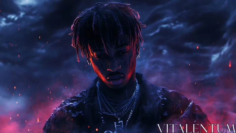 Moody digital portrait of rapper in neon storm clouds.