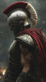 Battle-worn Spartan warrior waits in stormlit silence