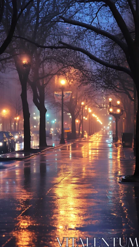 Photorealistic rainy boulevard with foglit tree canopy at dusk.