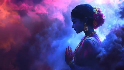 Chromatic devotional silhouette in volumetric nebular haze.