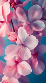 Pink and Purple Flowers Against Teal Background.