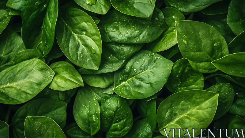 Fresh green spinach leaves glowing with gentle morning dew.