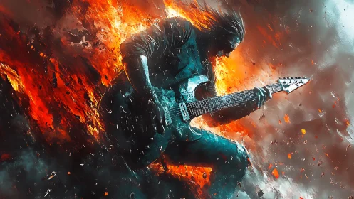 Guitarist silhouette framed by intense flames and smoke.