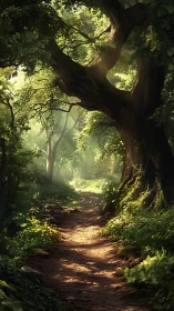 Ancient Forest Path Through Towering Tree.