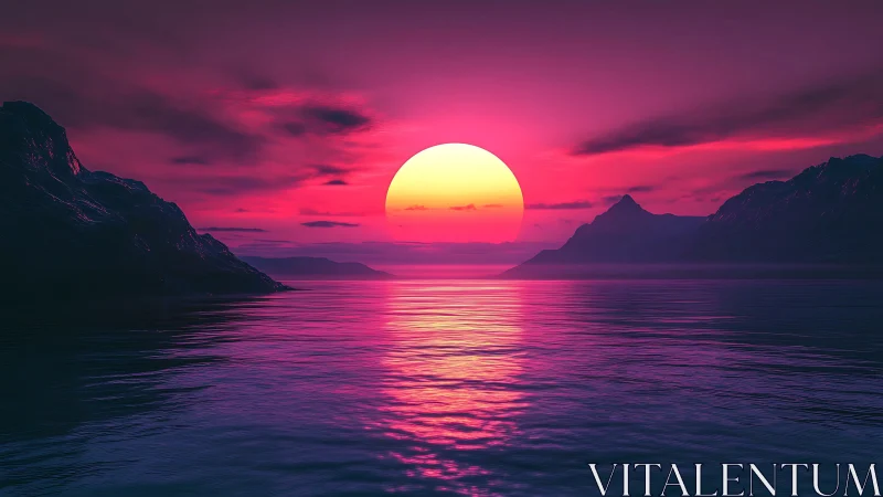 Vivid neon sunset illuminates tranquil mountains and sea