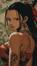 Tattooed warrior in red floral silk with intense gaze.