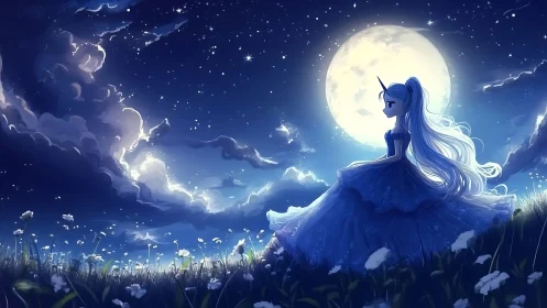 Luminous moonlit unicorn maiden in star-saturated meadow.