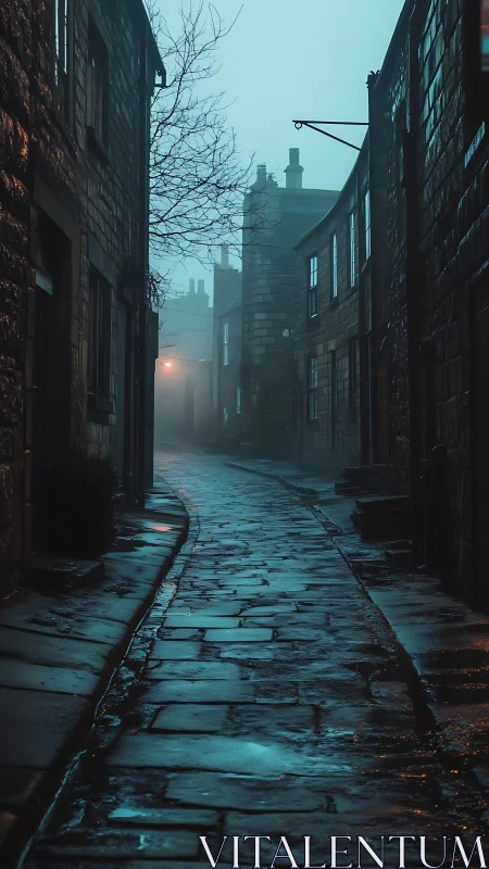 Foggy wet cobblestone alley with historic stone terraces at dusk