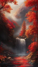 Autumn waterfall in red forest canyon with misty cliffs.