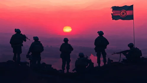 Sunrise sentinels beneath a glowing tricolor sky of resolve.