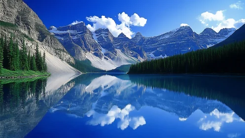 Mirror-still alpine lake reflects rugged snowcapped peaks