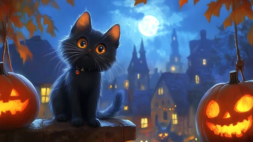 Black Cat Under Moon with Jack-O'-Lanterns.