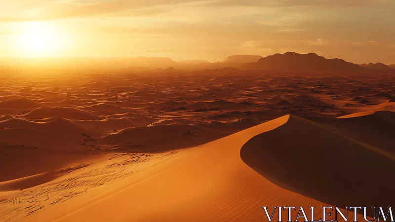 Sunlit desert dunes glow under low horizon sunset light
