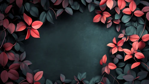 Coral red foliage frames deep teal textured center space.