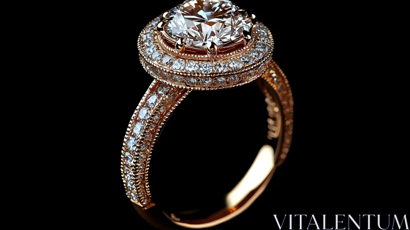 Luxurious diamond engagement ring in rose gold, close-up detail.