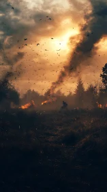 Wildfire Landscape with Smoke Plume and Fleeing Birds
