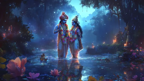 Moonlit river of devotion with radiant divine companions.