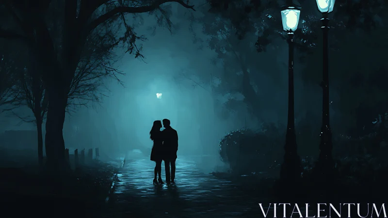 Moonlit Park Romance: Couple Silhouettes Under Luminous Night Sky.