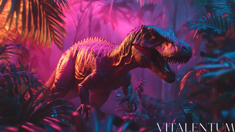 Predatory dinosaur stalks neon jungle under dramatic light
