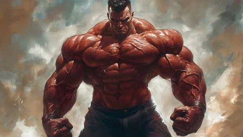 Mighty crimson titan pauses between fury and calm resolve.