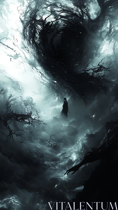 Sorcerer commands swirling void within storm-torn sky.