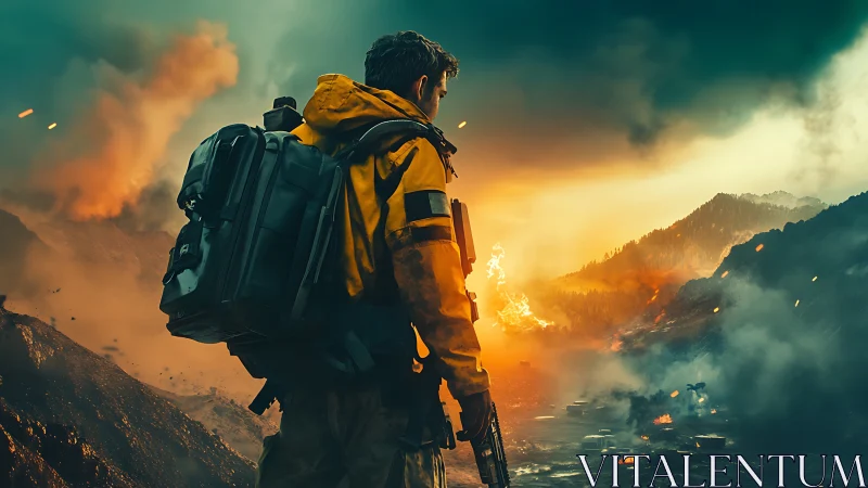 Lone armed survivor watching burning valley at dusk.