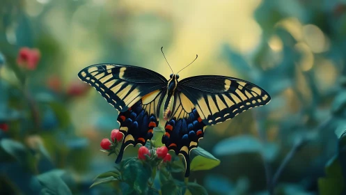 Swallowtail butterfly resting on garden buds at dusk.