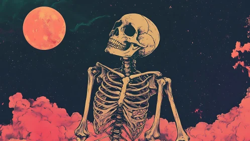Lunar-lost skeleton laughs beneath neon clouds and cosmos.