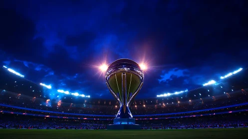 Colossal stadium trophy under intense blue night sky.
