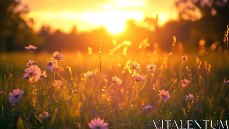 Backlit wildflower meadow under low evening sunlight.
