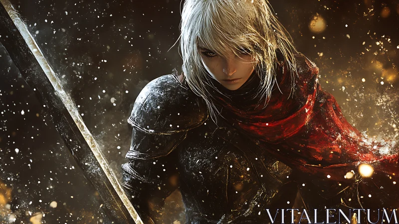 Silver haired armored warrior with greatsword in ember storm