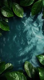 Calm forest pool framed by glossy emerald leaves.