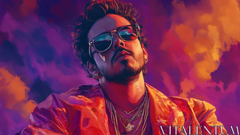 Stylish man in neon sunset haze exudes bold confidence.