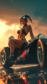 Sunlit pinup racer on wet asphalt beside retro single-seater