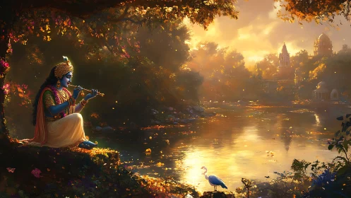 Blue-skinned figure plays flute beside reflective river at dusk