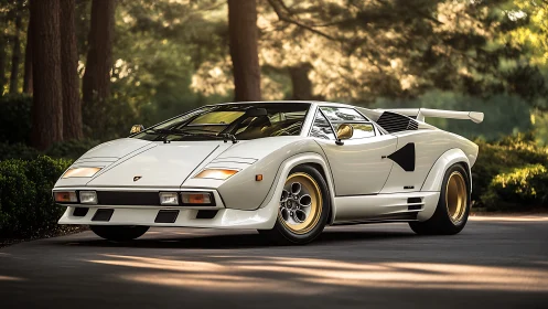 Photorealistic white supercar in sunlit woodland setting.