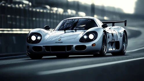 White endurance race car powers through urban circuit.