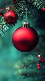 Red baubles on evergreen branch with blurred teal background.
