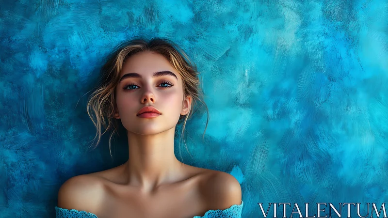 Digital portrait study renders a serene woman against cyan texture