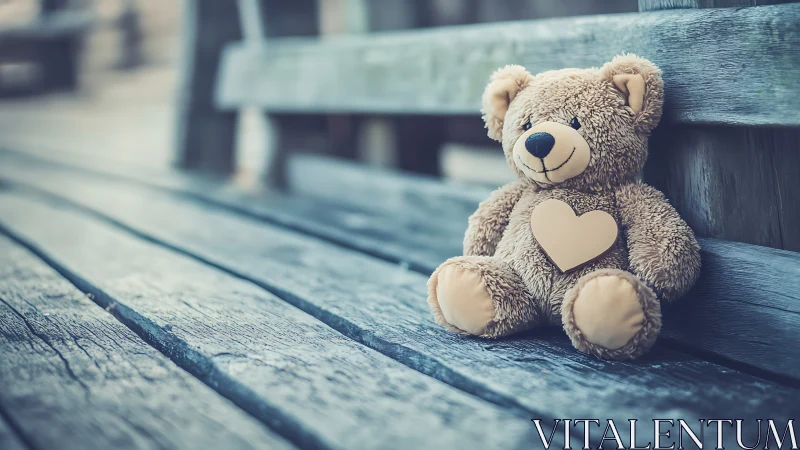 Soft teddy bear with heart emblem on weathered bench.