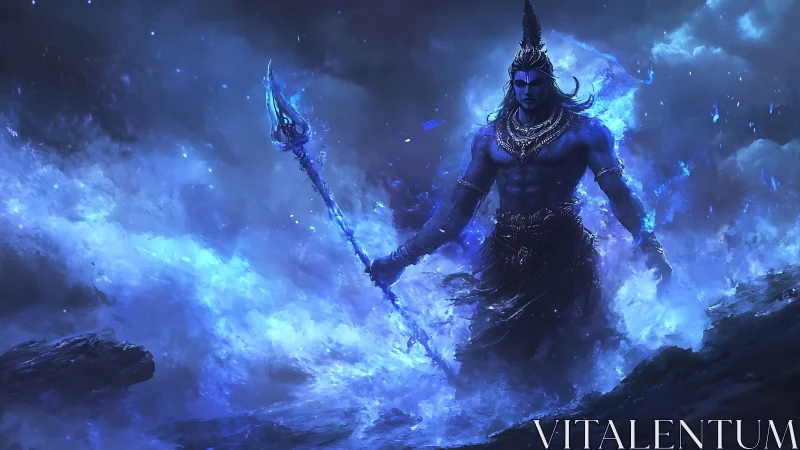 Stormforged god strides through cosmic sapphire surf.