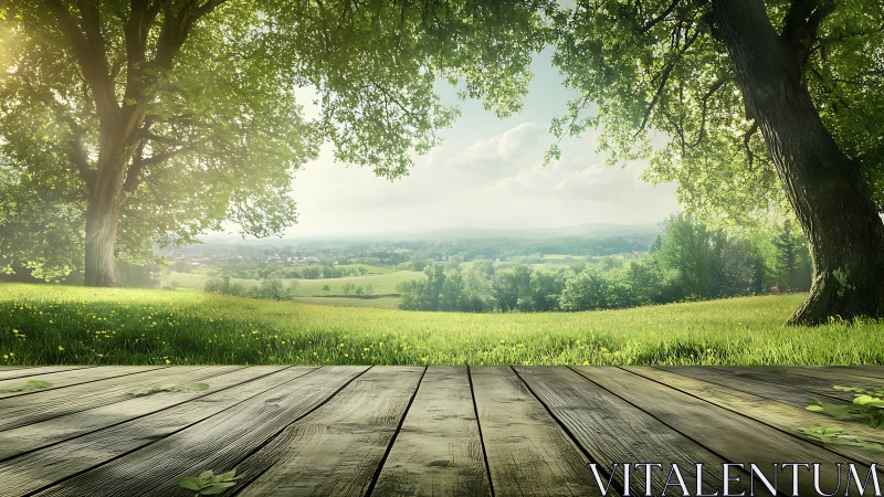 Sunlit wooden deck opens onto tranquil countryside meadow.