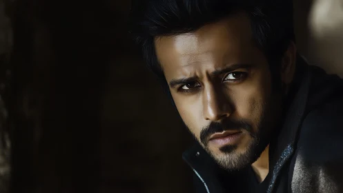 Warm, intense portrait of a thoughtful bearded man in shadow.