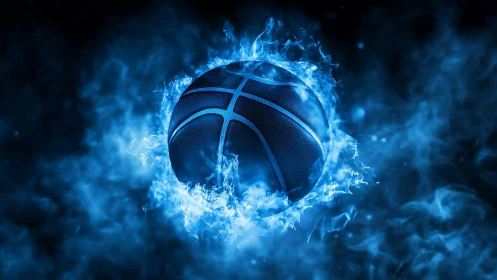 Electric blue basketball engulfed in swirling firestorm.