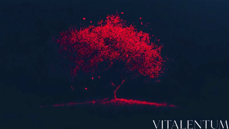 Crimson whispers bloom as a lone tree ignites the night