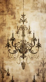 Ornate baroque chandelier stencil on distressed sepia wall surface