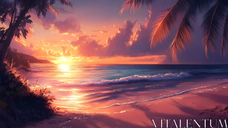 Sunset-lit tropical shoreline with volumetric clouds and specular surf